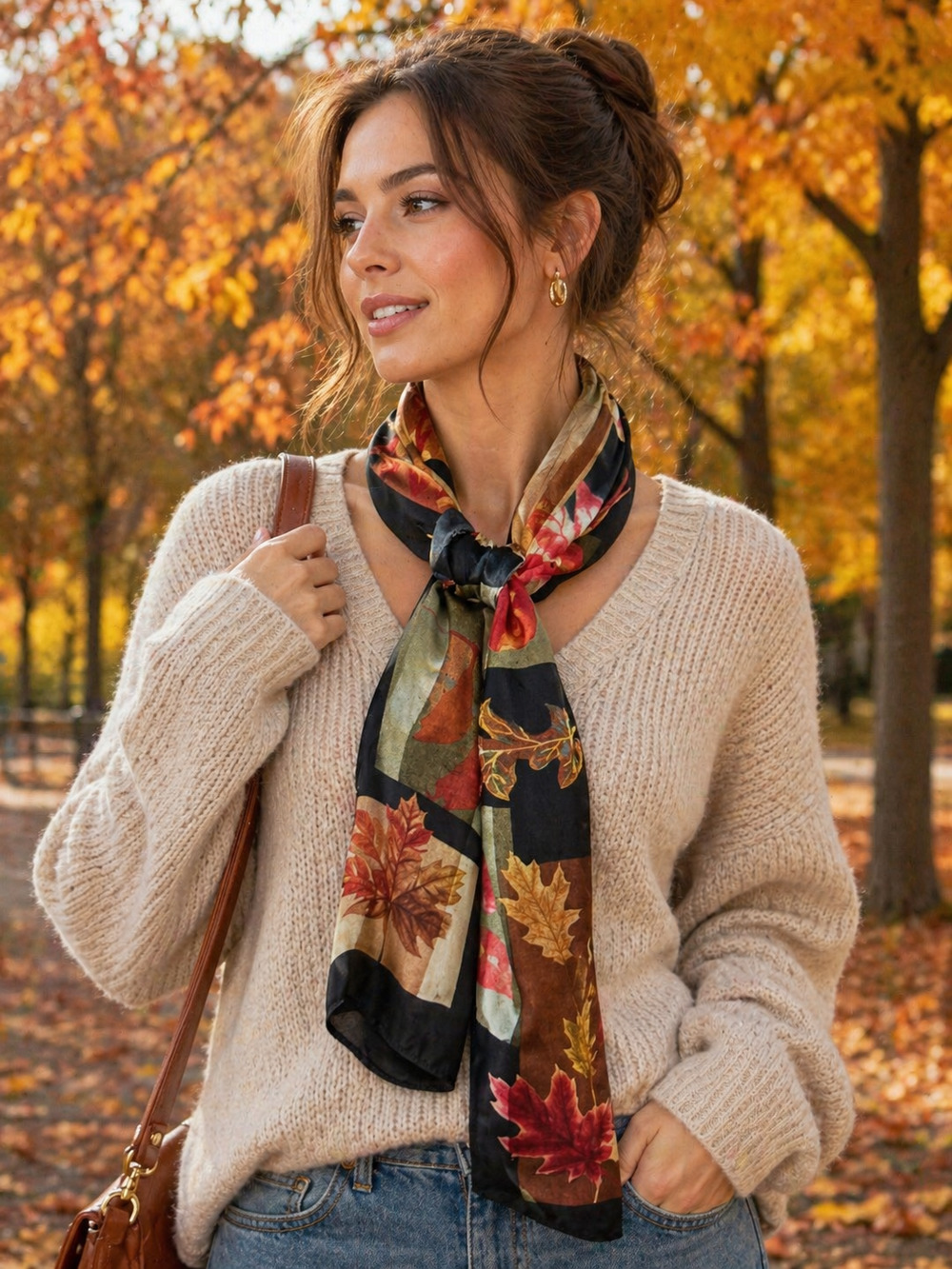 Autumn Leaf Skinny Scarf 13x29 Fall Floral Sheer Romantic Cottagecore Neck Tie